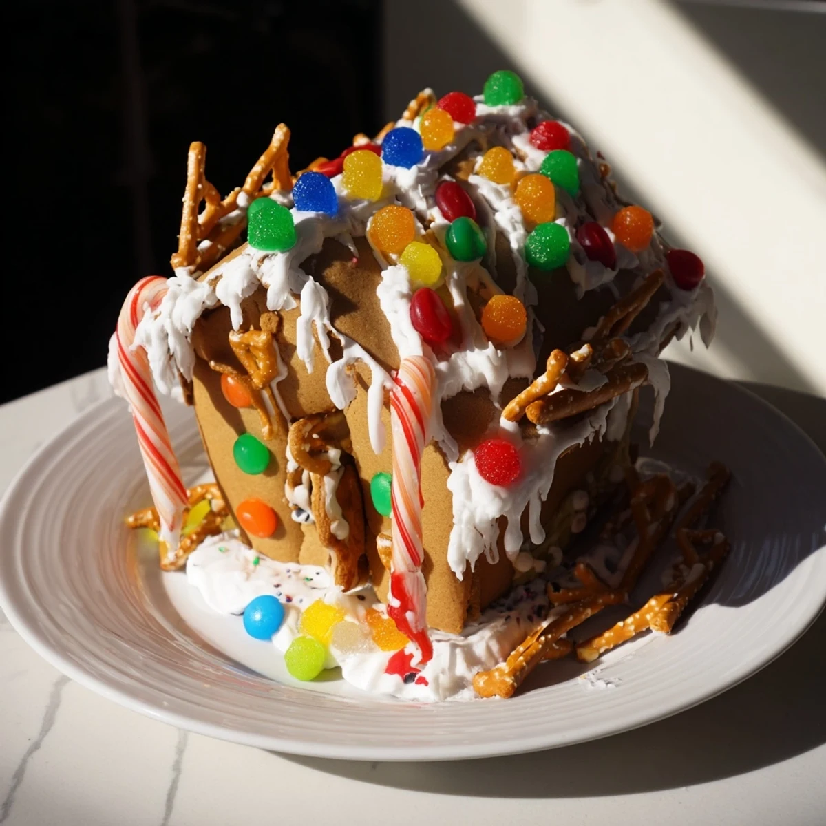 Freshly baked gingerbread house panels and vibrant candies displayed for decorating the kit.