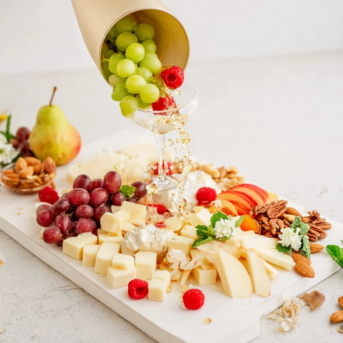 Champagne Waterfall Board overflowing with grapes, cheeses, and berries, ideal for a party.