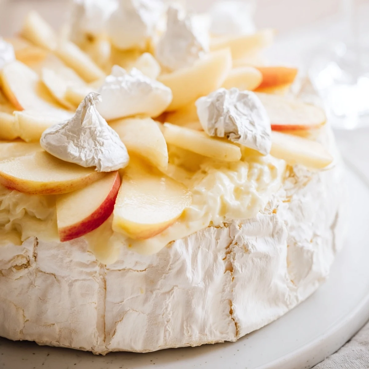 Elegant The Pearly Gates cheese board with brie, white peaches, meringue, and edible silver leaves.