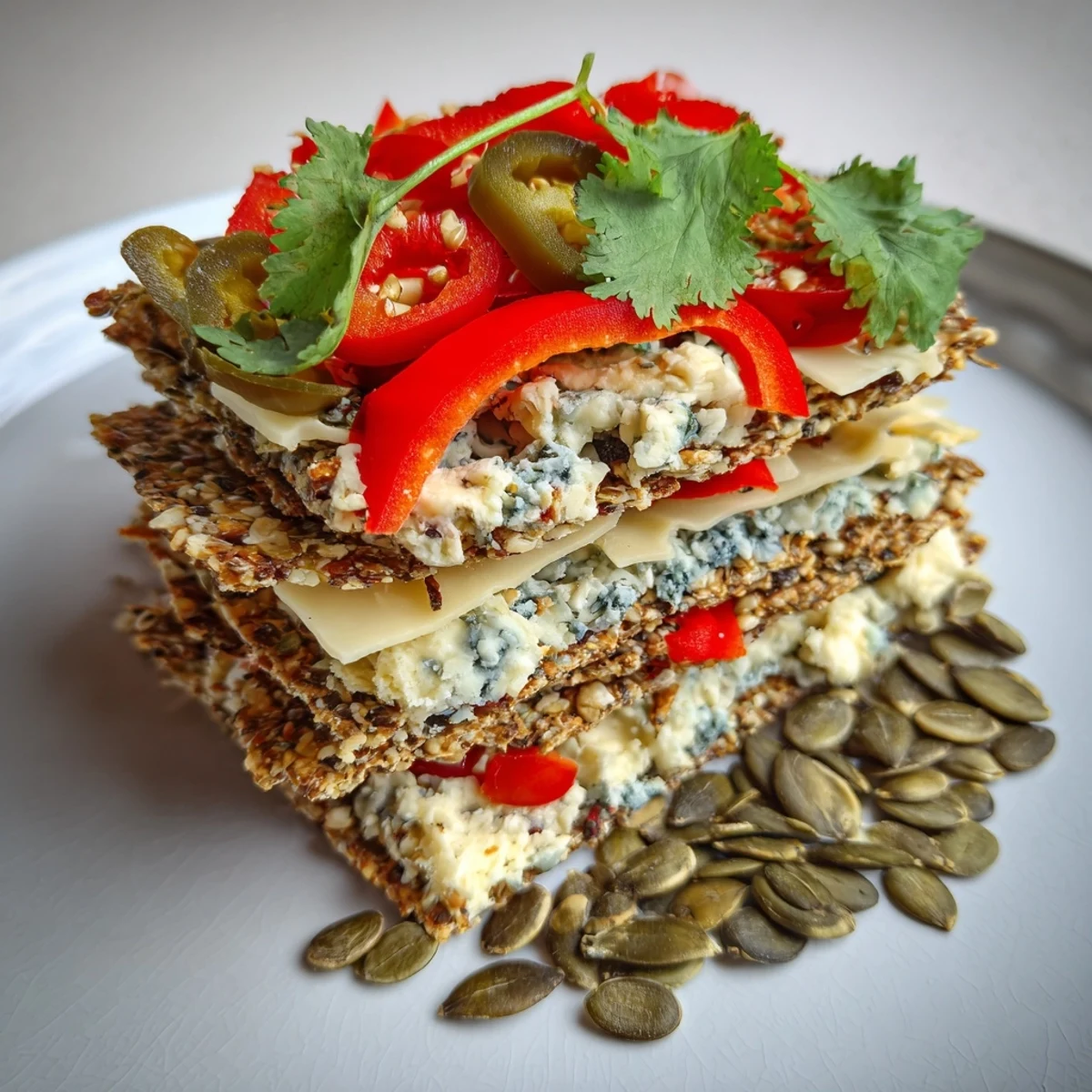 Vibrant Southwest Mesa appetizer: cheese and cracker towers with bell pepper garnish for tasting.
