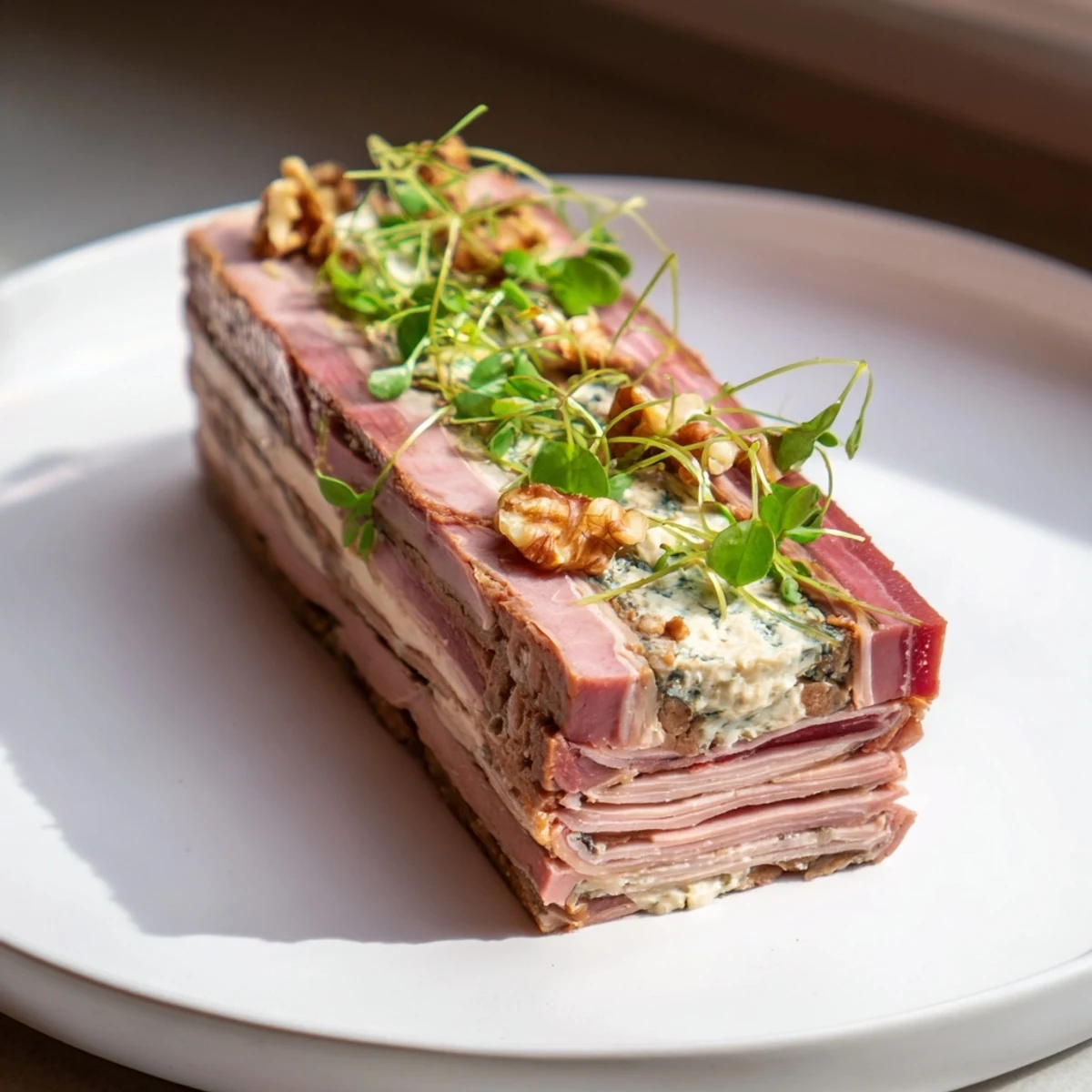 A layered Grand Canyon Rim terrine showcases colorful meats with a flowing blue cheese river.