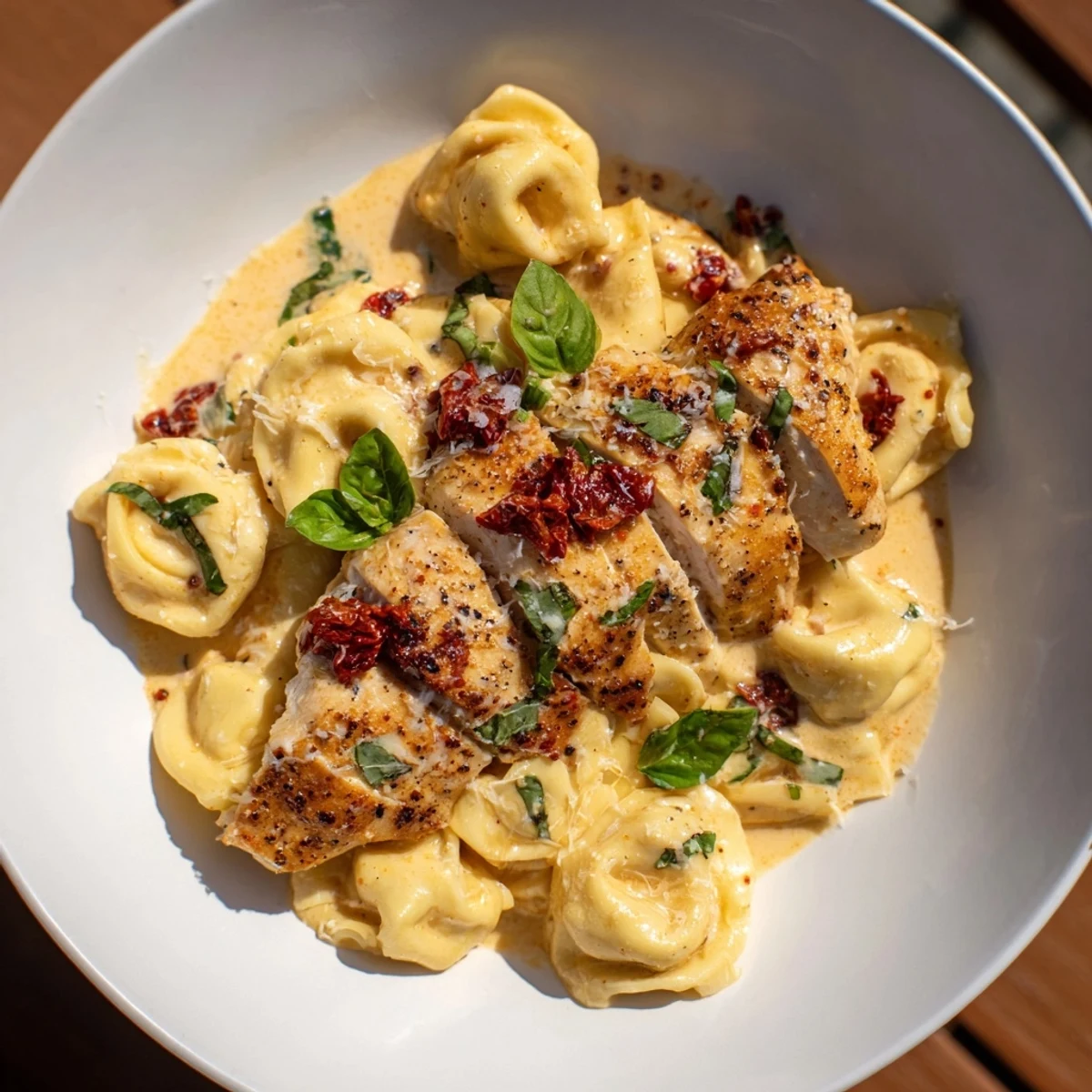 Creamy, flavorful Marry Me Chicken Tortellini with sun-dried tomatoes and fresh basil, ready to serve.