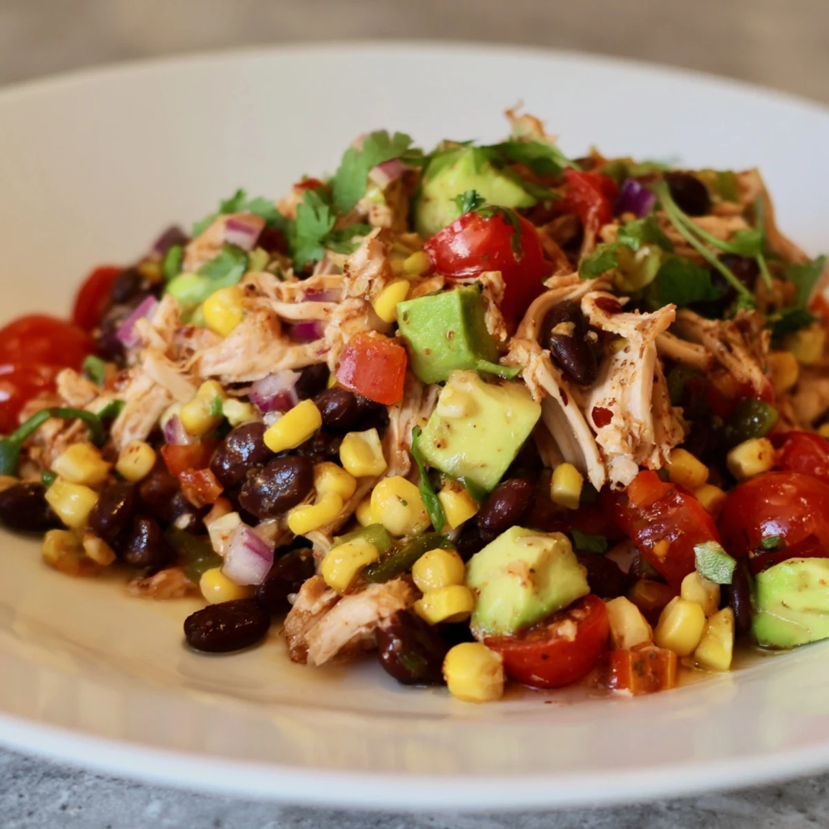 Vibrant Dense Southwestern Bean Salad, a colorful mix of beans, chicken, and fresh vegetables ready to serve.