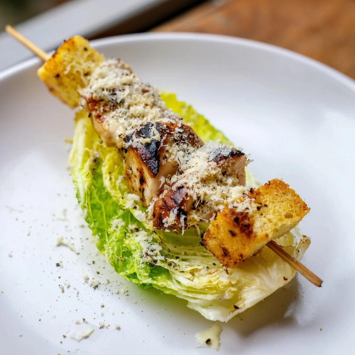 Grilled Chicken Caesar Salad Skewers served on a platter, featuring the vibrant colors of chicken, lettuce, and croutons.