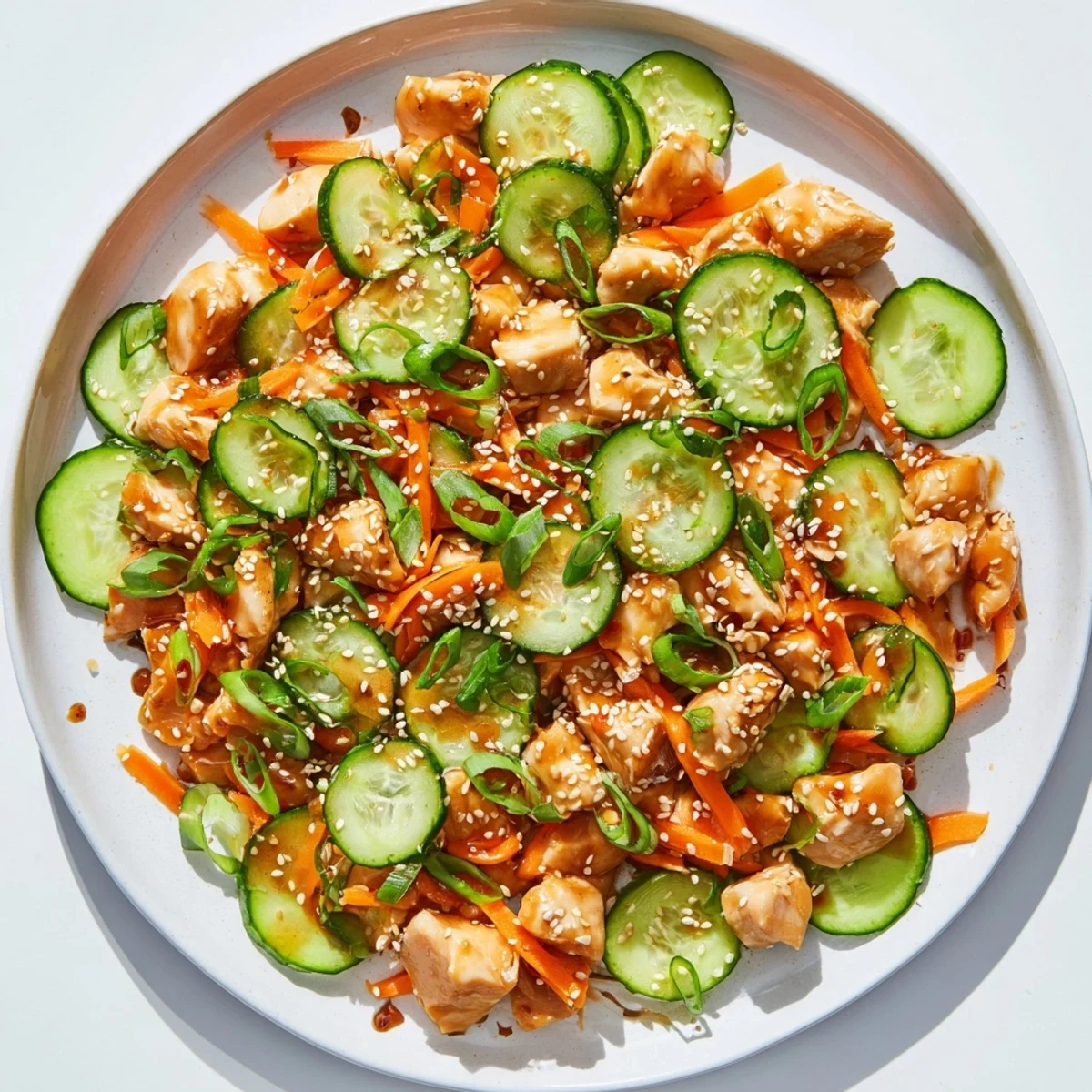 Juicy Deli Container Shaker Chicken Salad with cucumber and sesame seeds, perfect for a quick lunch.