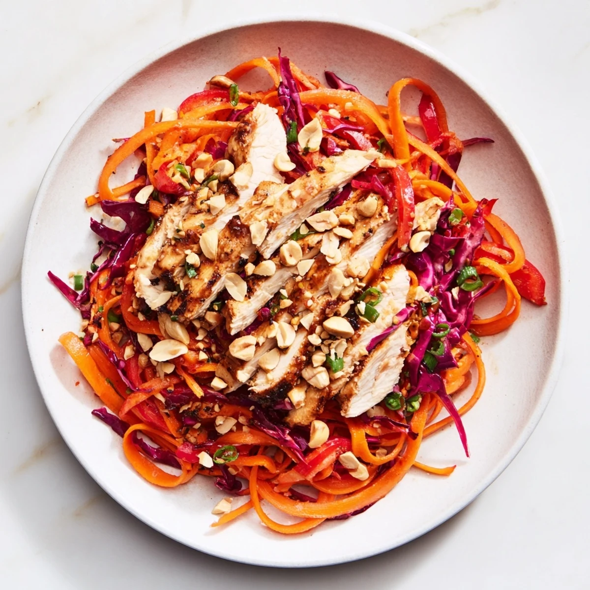 Chicken and carrot ribbon slaw, a colorful salad with grilled chicken and fresh vegetables.