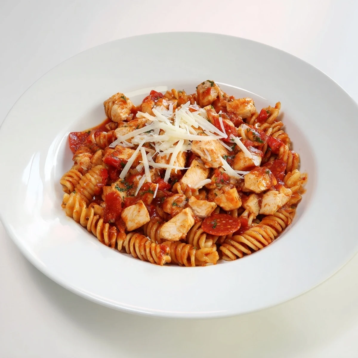 Golden-brown One-Pan Pizza Pasta, bubbling with mozzarella and pepperoni, ready to serve, Italian inspired.