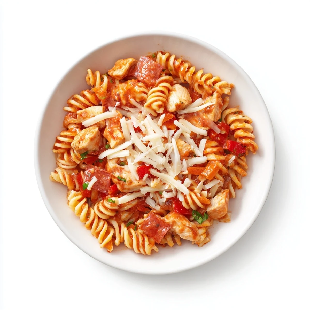A close-up of a skillet filled with cheesy, flavorful One-Pan Pizza Pasta, bubbling with steam.