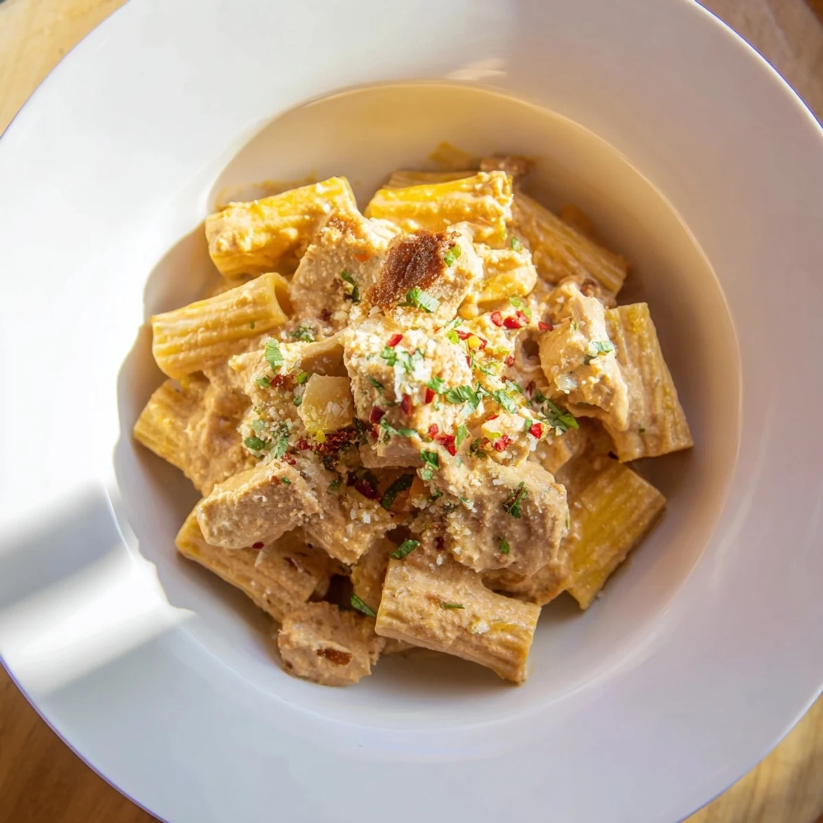 Creamy Spicy Vodka Chicken Pasta, plated and garnished with fresh basil for a vibrant meal.