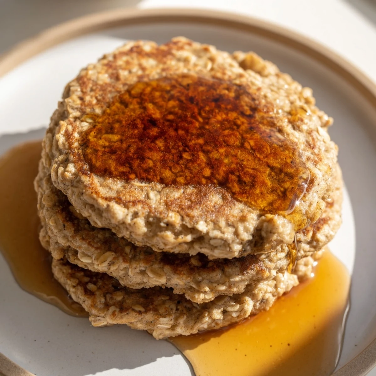 Delicious, fluffy banana oat pancakes, drizzled with syrup, a perfect quick breakfast idea.