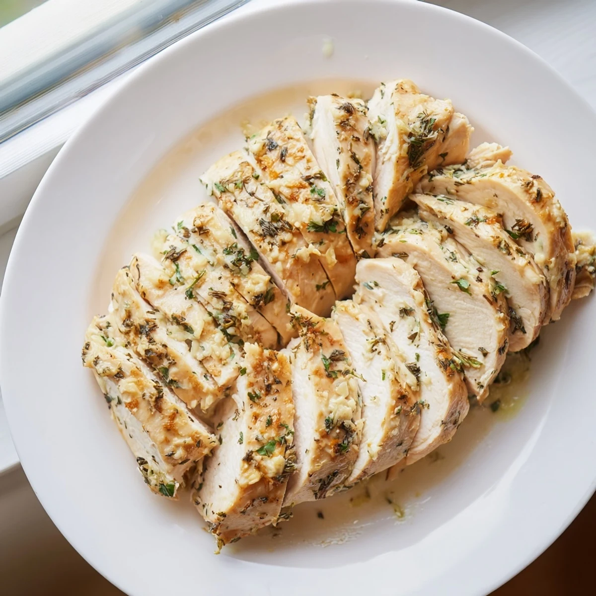 Creamy Greek yogurt chicken breasts, baked golden and juicy, are shown ready to serve with parsley.