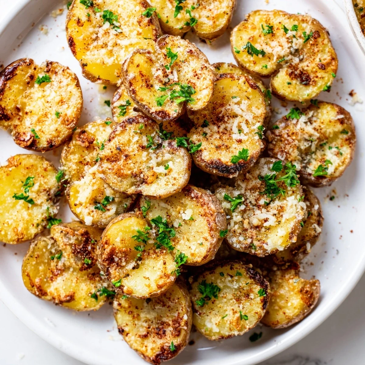 Crispy, golden garlic parmesan potatoes, served on a baking sheet, ready for a delicious meal.