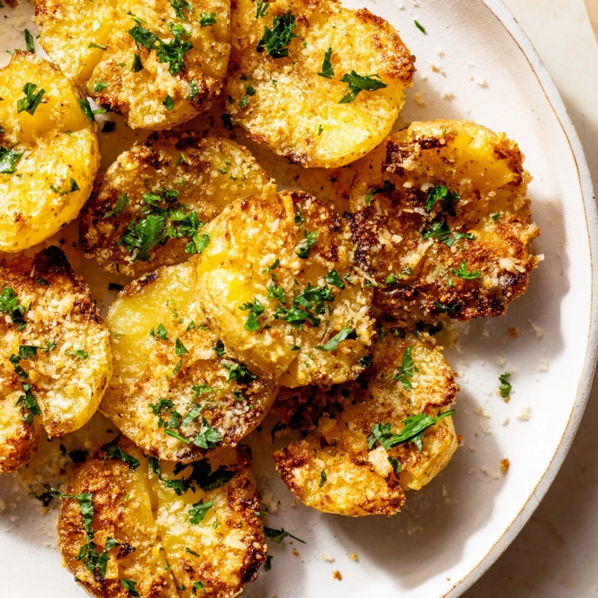 Close-up of baked garlic parmesan potatoes, showing crispy edges and a savory aroma.