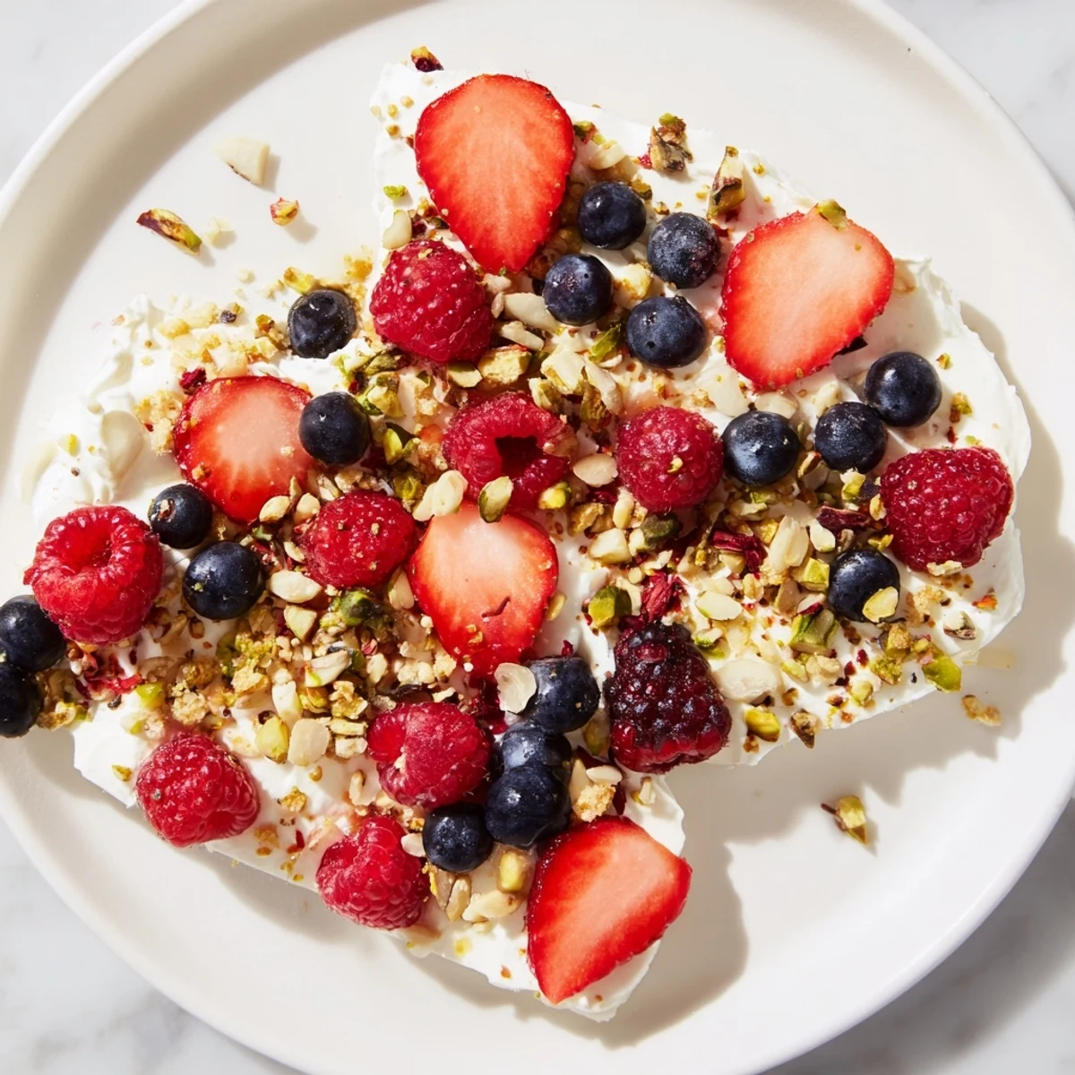 Frozen fruit yogurt bark, a colorful frozen treat, layered with berries and granola pieces.