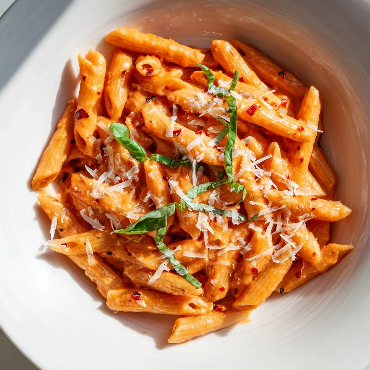 Enjoy a steaming bowl of homemade Basil Garlic One-Pot Creamy Tomato Pasta tonight.