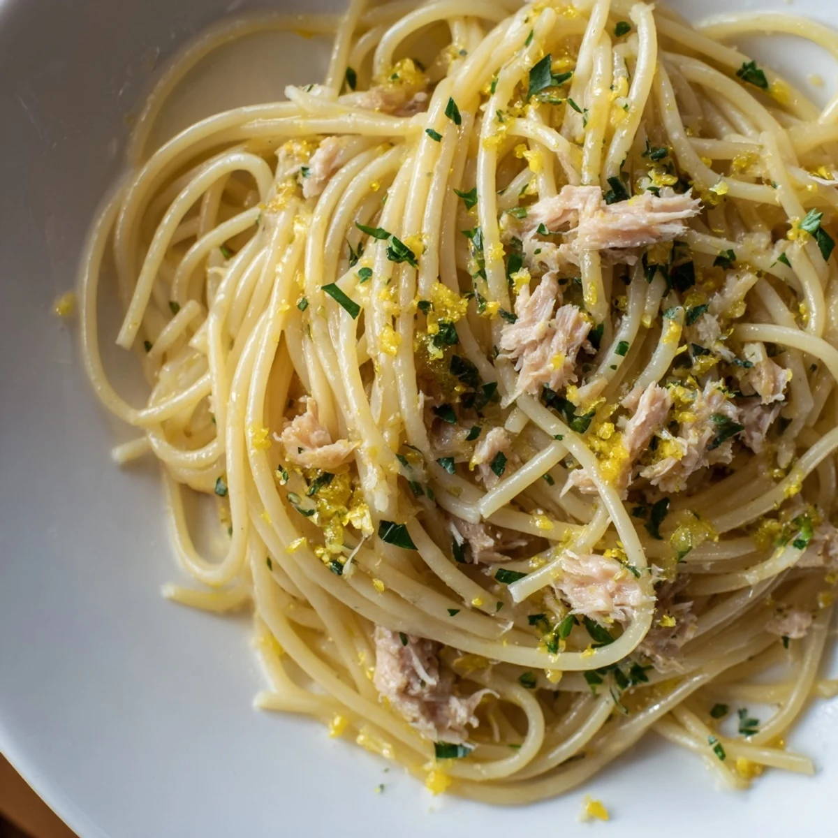 Lemon-Garlic Tuna Spaghetti with flaky tuna and bright lemon, a Mediterranean-inspired weeknight dinner.
