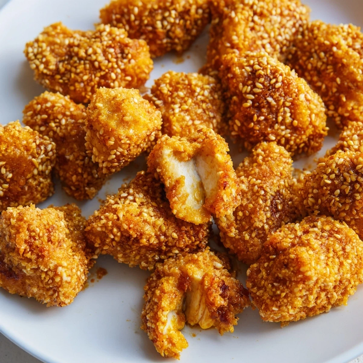 A plate of Spicy Yogurt Chicken Bites, highlighting the spicy yogurt's vibrant color and perfect texture.
