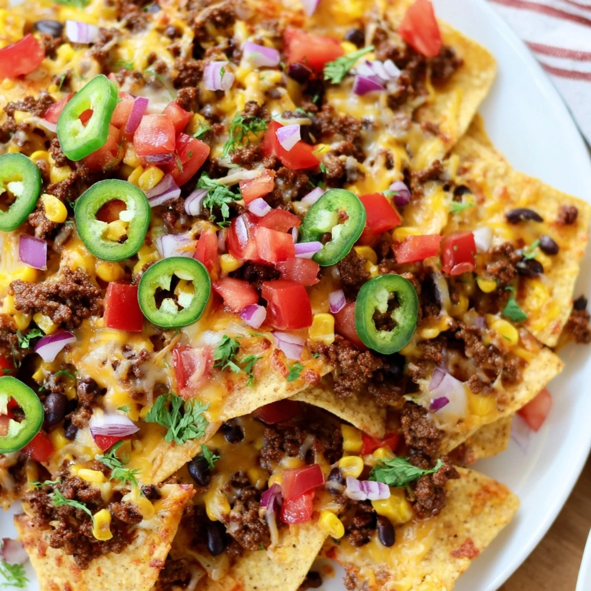 A close-up of Easy Sheet-Pan Nachos: loaded with cheese, and colorful toppings ready to eat.