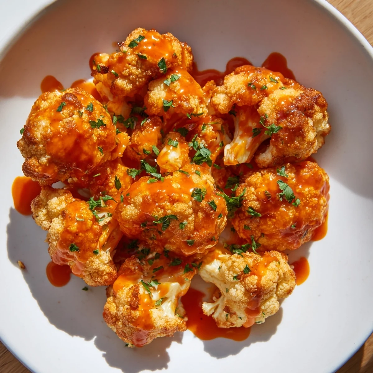 Sriracha-Buffalo Cauliflower Bites sizzling fresh from the oven, glistening with spicy, tangy sauce.
