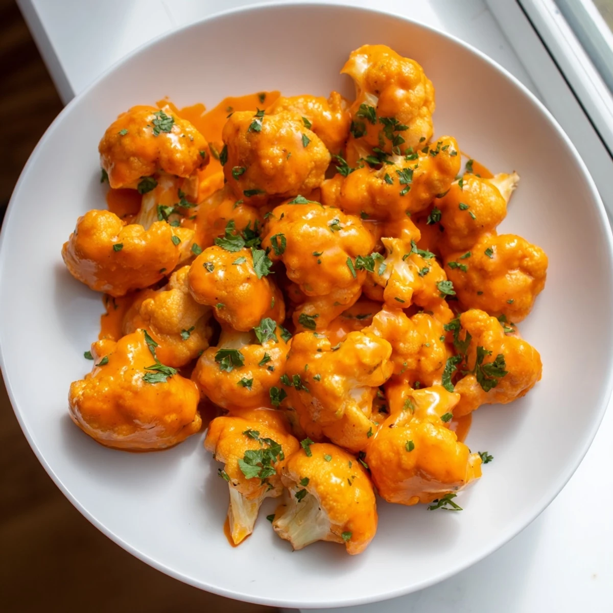 Vibrant image of crispy Sriracha-Buffalo Cauliflower Bites, ready to enjoy with veggie sticks and dip.
