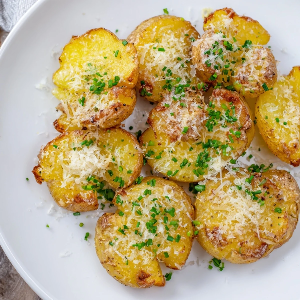 Crispy golden Parmesan Smashed Potatoes, fresh from the oven, ready to serve as a tasty side.