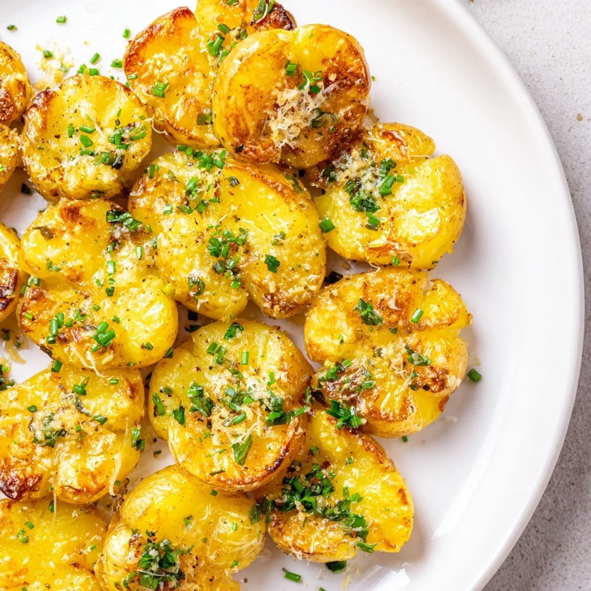 Savory garlic and herb Parmesan Smashed Potatoes, perfect with a sprinkle of fresh parsley on top.