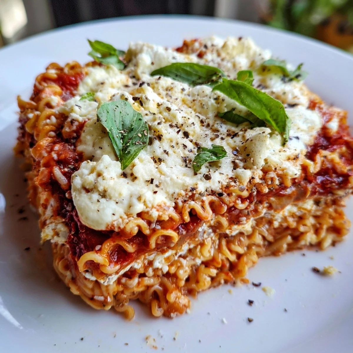 Ramen Lasagna bubbling in a baking dish, with melted mozzarella and golden, crispy edges.