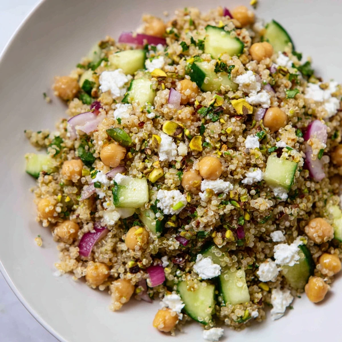 Jennifer Aniston Salad: A colorful mix of quinoa, chickpeas, feta, and fresh herbs, ready to serve.