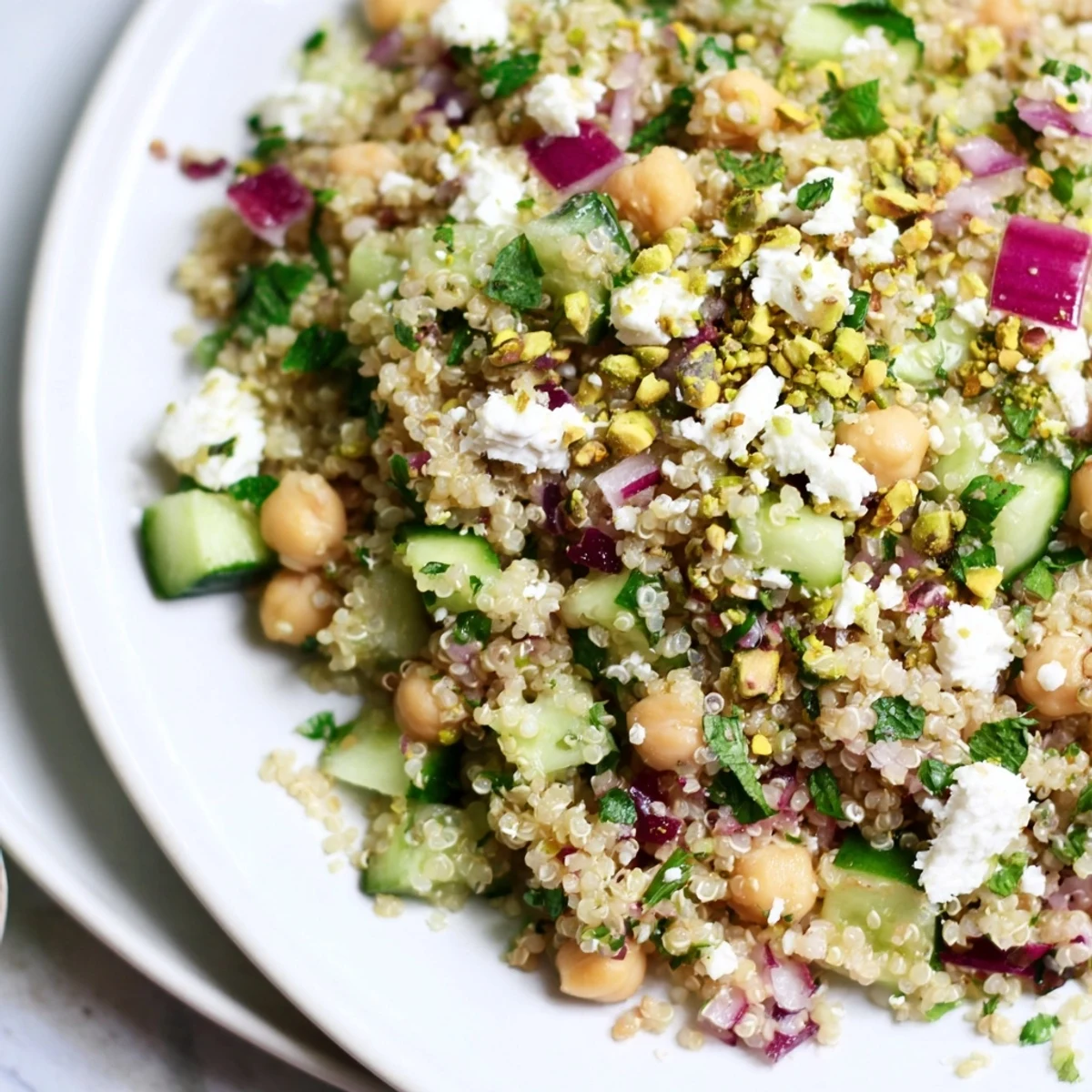 Delicious Jennifer Aniston Salad, full of textures: crunchy cucumbers, creamy feta, and toasted nuts.