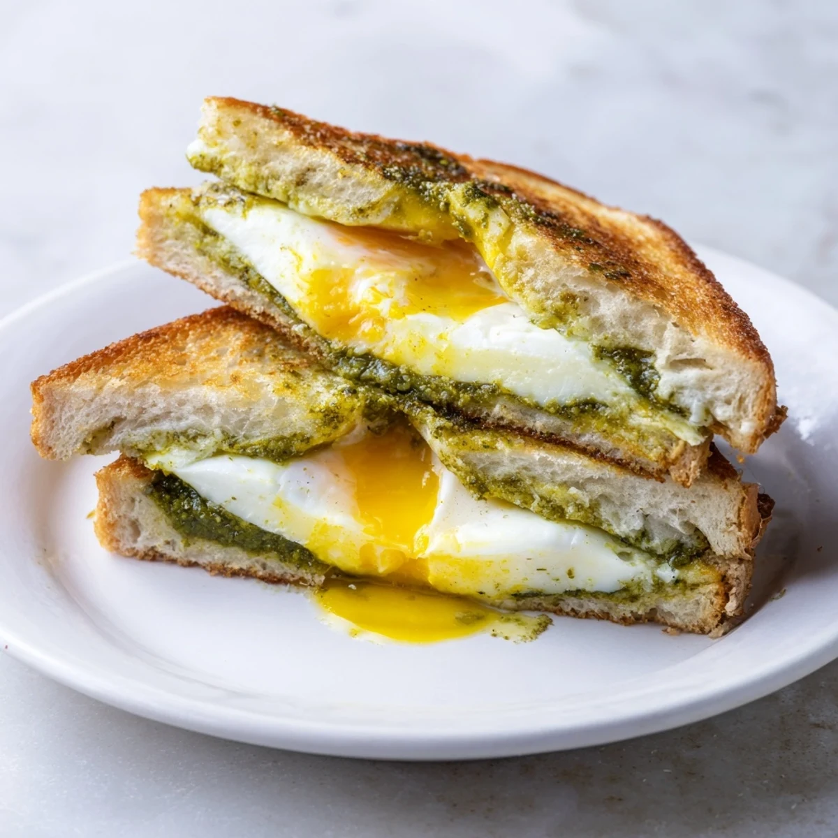 Close-up of a pesto egg grilled cheese with oozing cheese, perfect for a quick lunch.