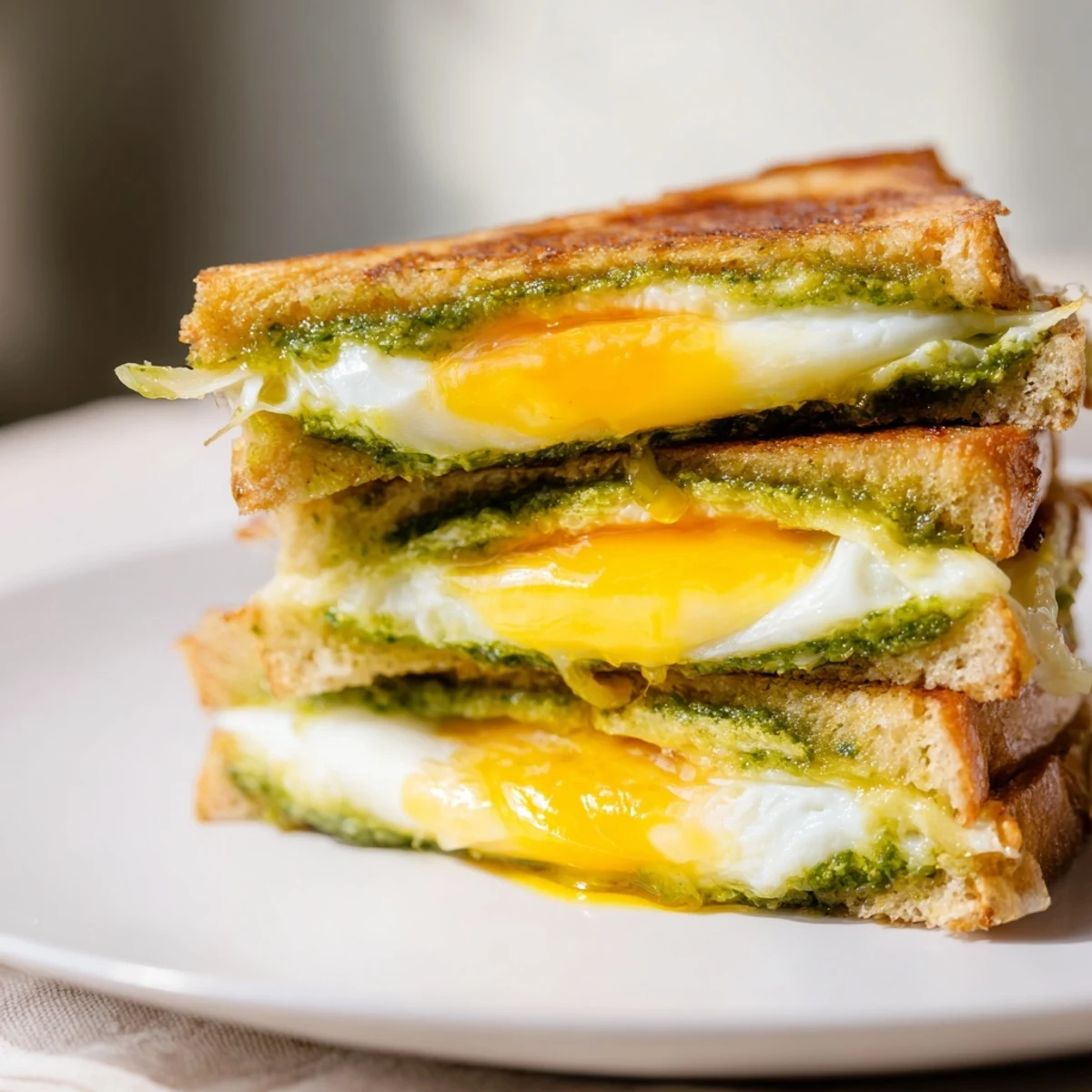 Golden, melty pesto egg grilled cheese sandwich, with a beautifully toasted, buttery crust.