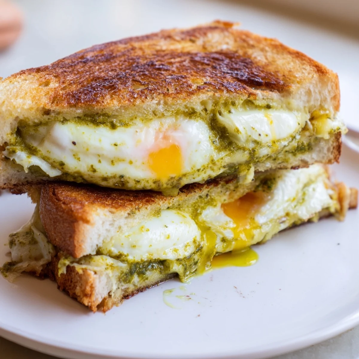 Freshly made pesto egg grilled cheese, ready to be sliced and enjoyed with melty cheese.