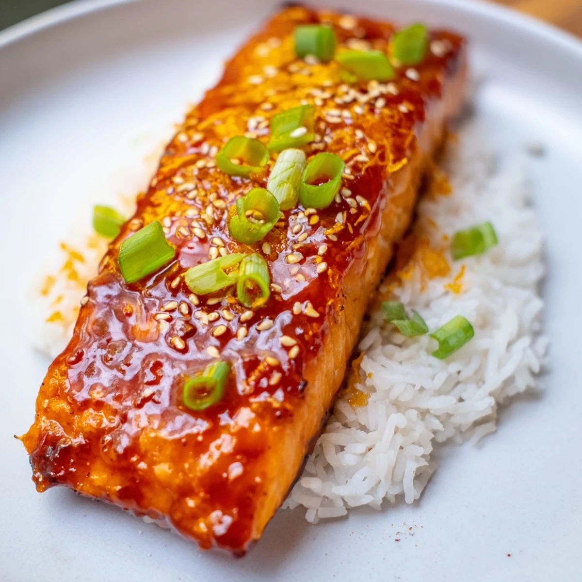 Delectable sticky orange salmon with glistening glaze, served atop fluffy rice, ready to enjoy.