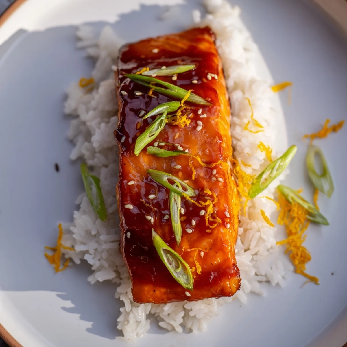 A cooked plate of sticky orange salmon glistens, with a drizzle over rice, a flavorful dinner.