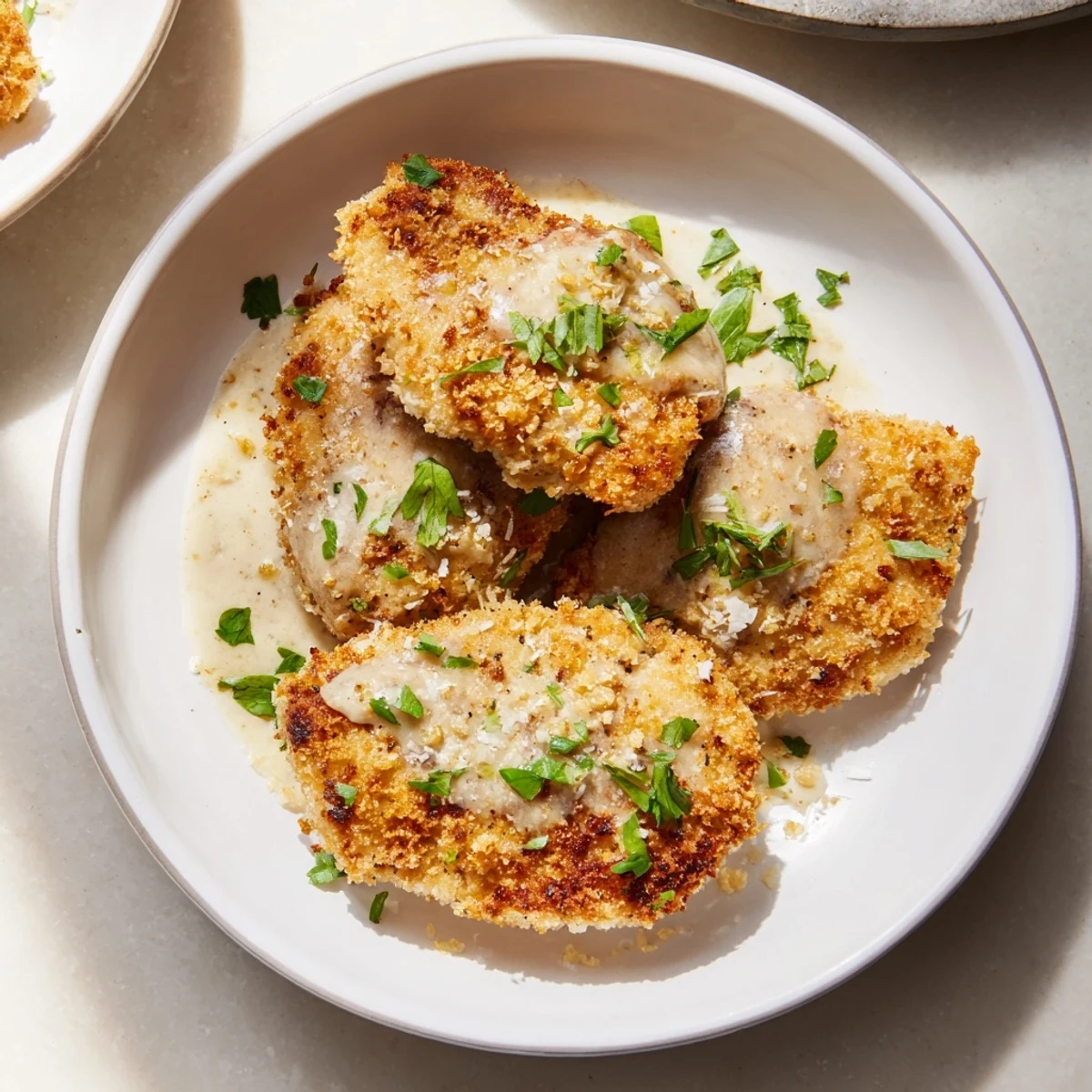 Tender, crispy chicken coated in parmesan, drenched within a creamy garlic sauce for a tasty meal.