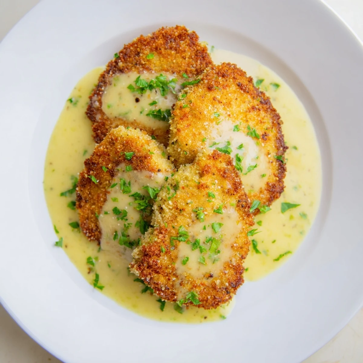 A close-up view of golden Crispy Chicken with Garlic Cream Sauce, perfectly plated with fresh parsley.
