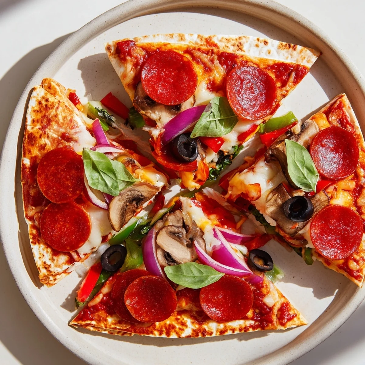 Close-up of a warm, cheesy Tortilla Pizza Wrap, perfect for a fast vegetarian lunch.