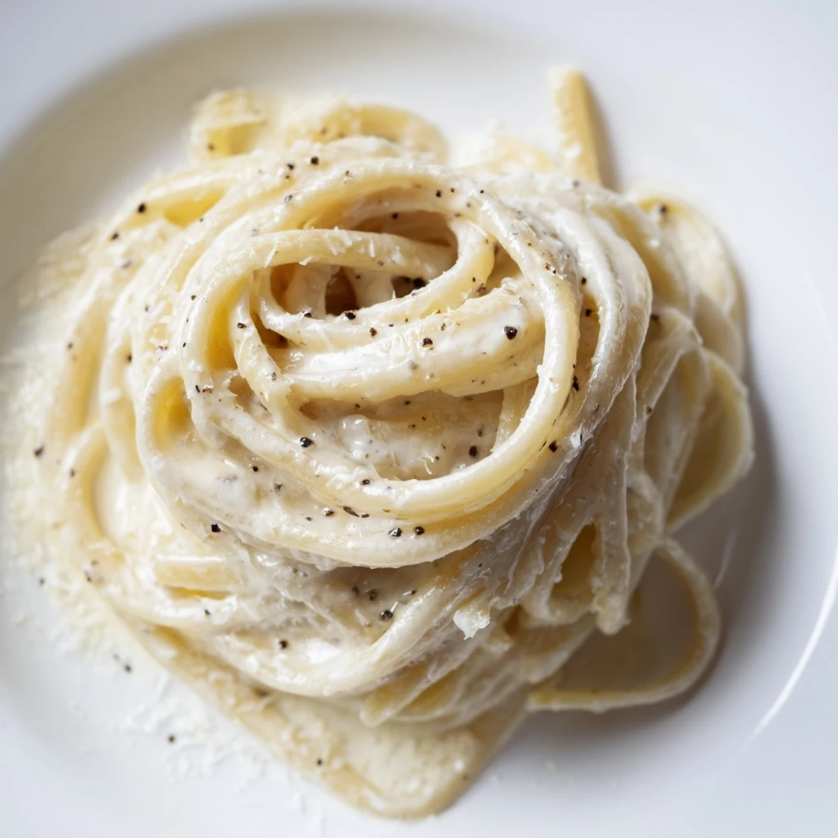 Creamy Lazy Girl Three-Ingredient Pasta glistening with butter and Parmesan, ready to eat.
