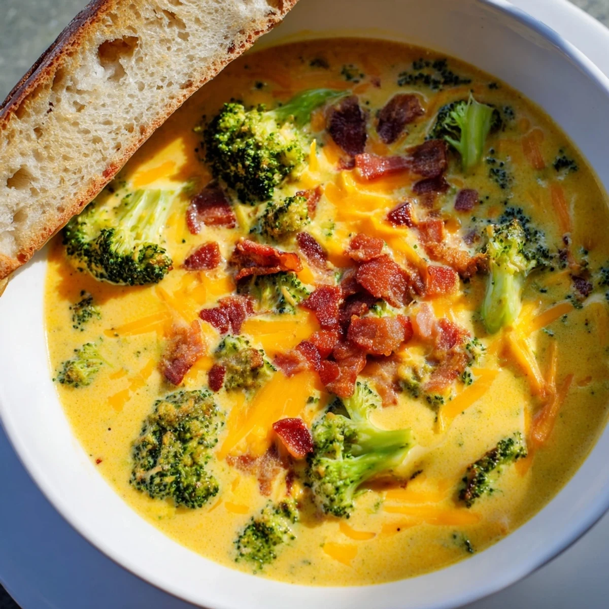 Creamy broccoli cheddar soup topped with crispy bacon next to golden buttered toast.