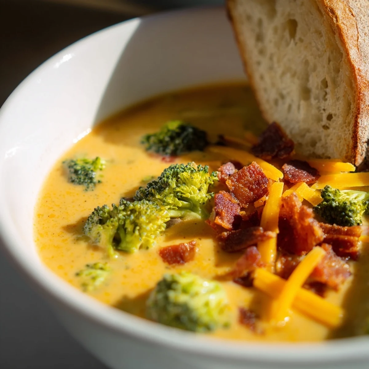 Thick and hearty Broccoli Cheddar Soup with a sprinkling of cheddar and crumbled bacon.