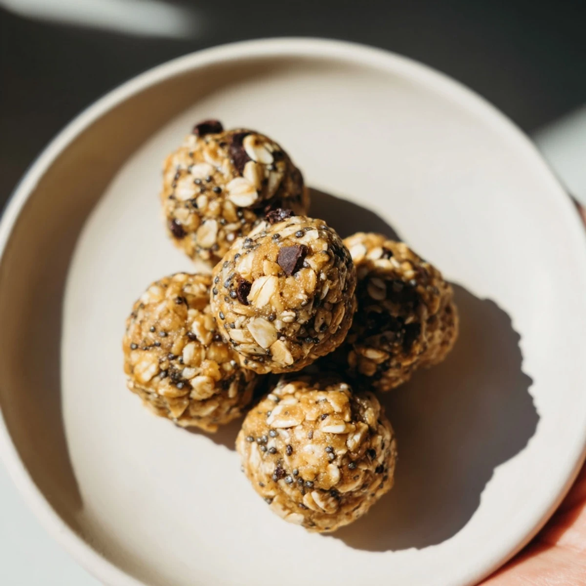 These delicious Almond-Chia Energy Bites are perfectly round and ready to enjoy as a snack.
