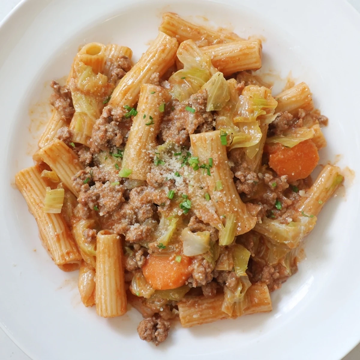 Steaming plate of Chaos Cooking Kimchi Ragu Pasta, topped with fresh green scallions after cooking.