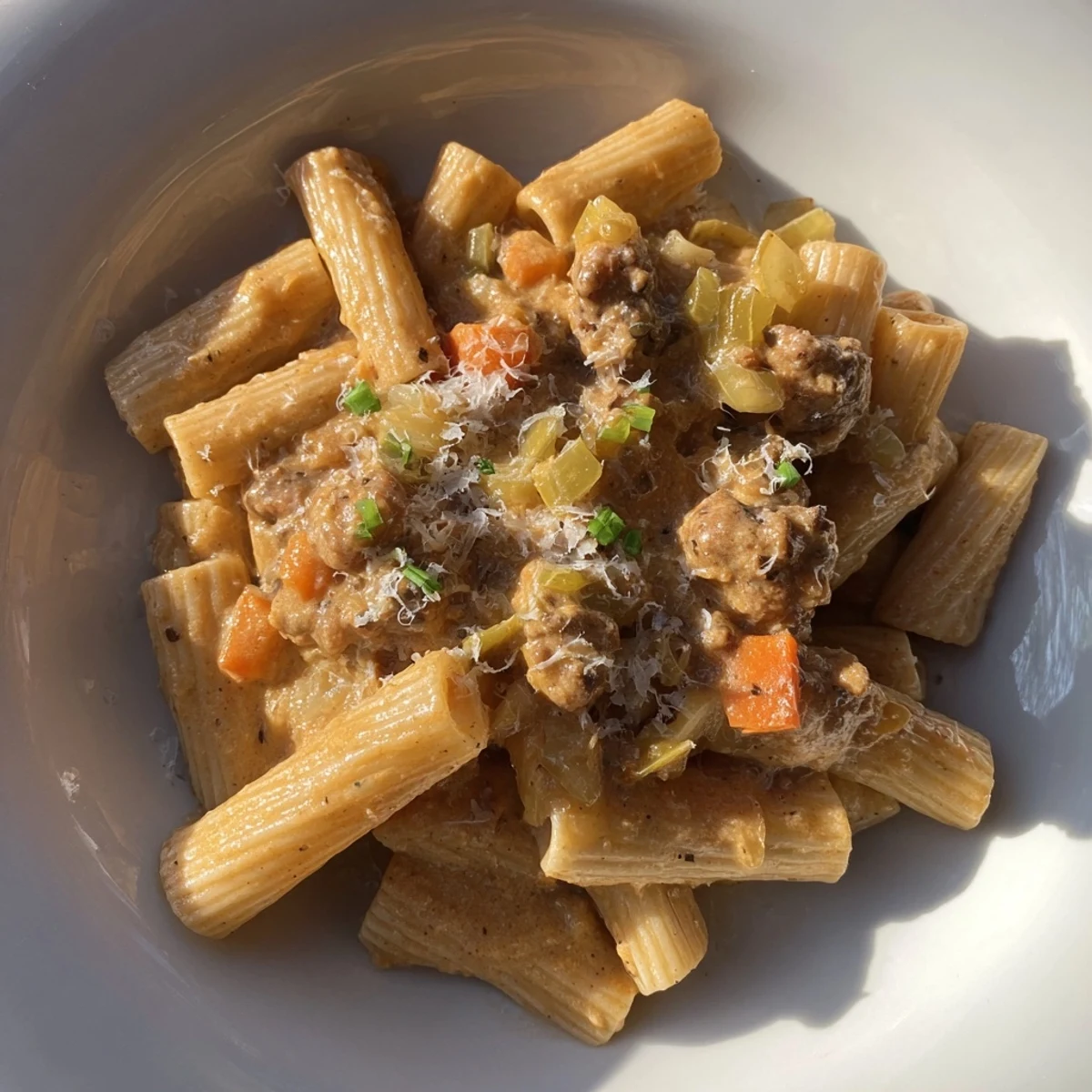 Close-up of the delicious Chaos Cooking Kimchi Ragu Pasta, a delightful fusion of flavors.