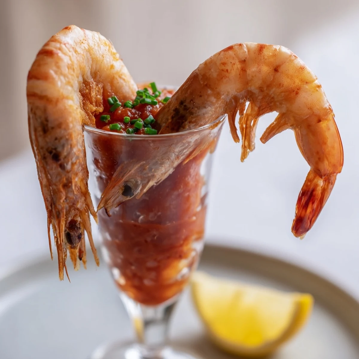 Elegant appetizer: Perfectly arranged retro prawn cocktail shooters, garnished with fresh herbs and lemon wedges.