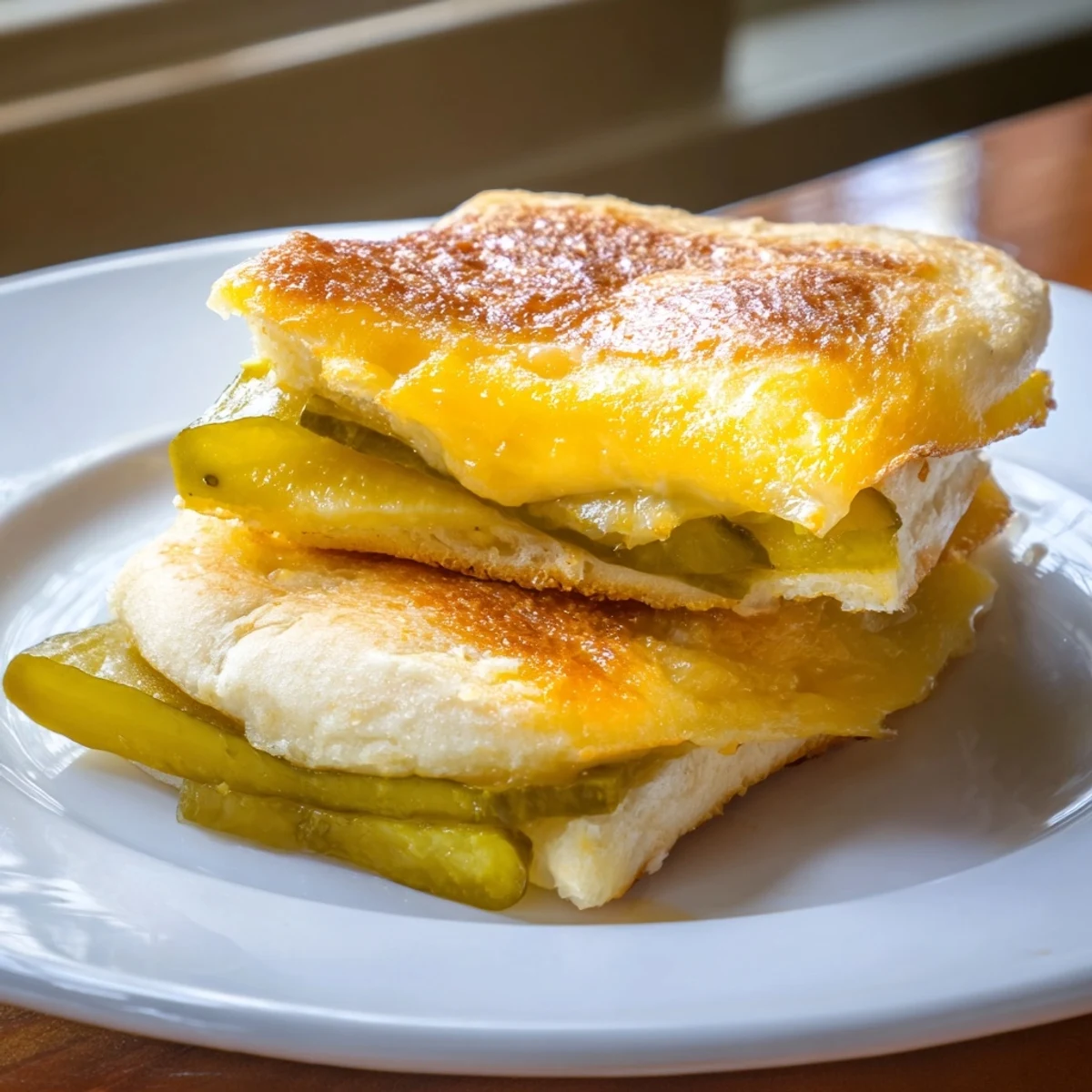 Golden-brown Pickle Bread Sandwich with melted cheese and crunchy pickles, ready to eat.