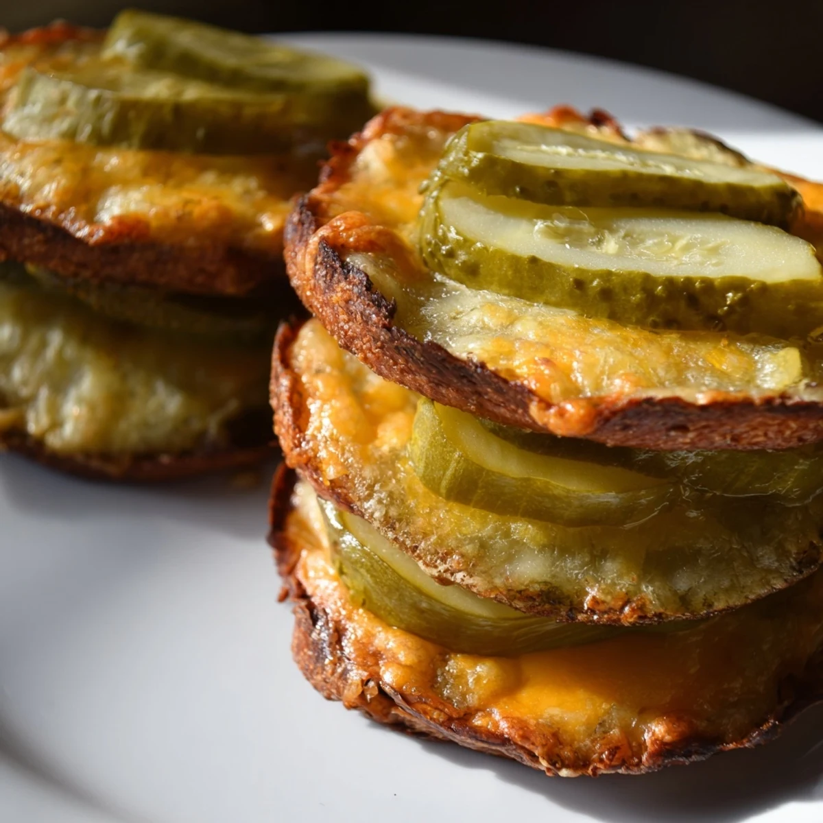 A visually appealing Pickle Bread Sandwich, featuring bubbly cheese crisped around tangy pickle slices.