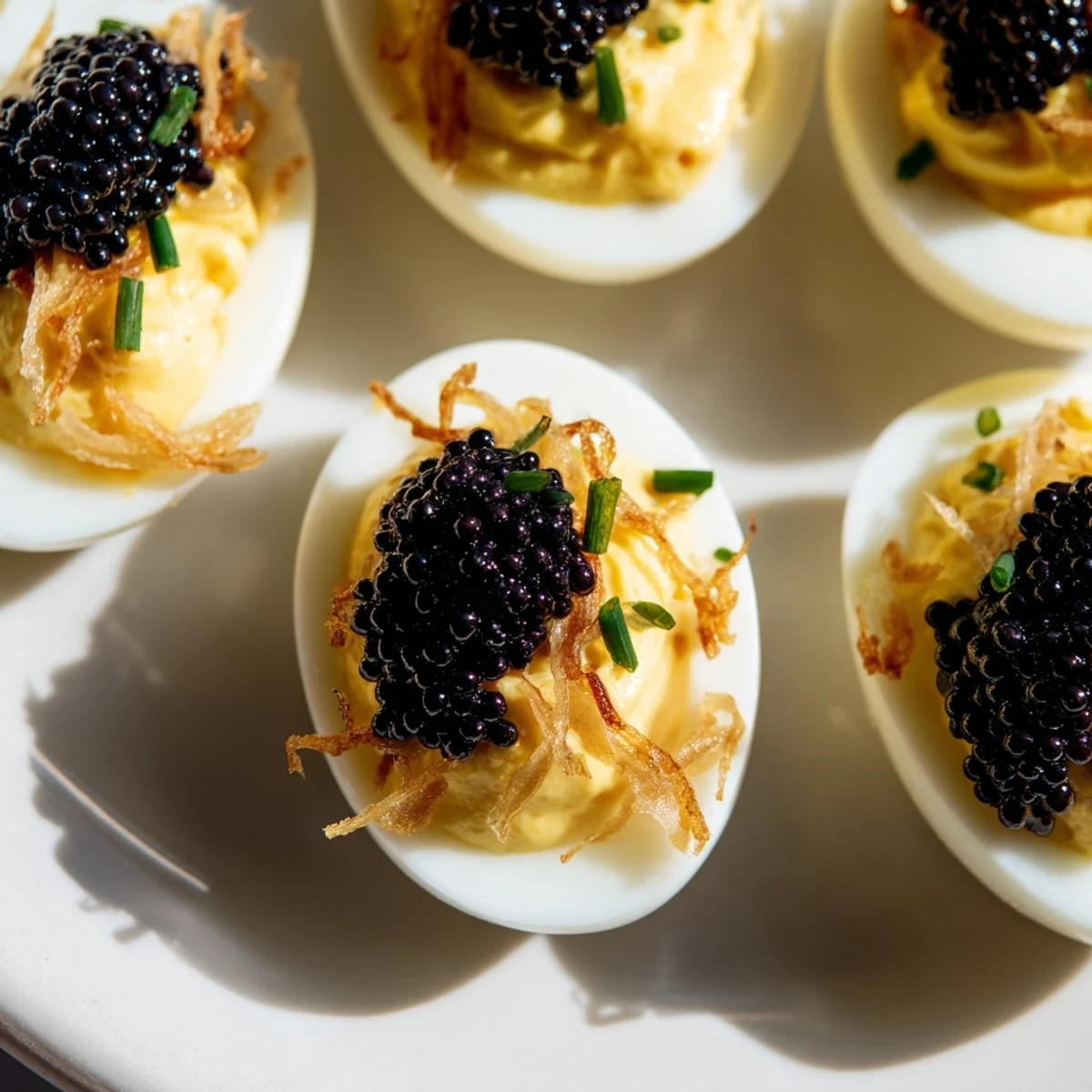 Creamy deviled eggs with caviar and crispy shallots, a delectable appetizer ready to enjoy.