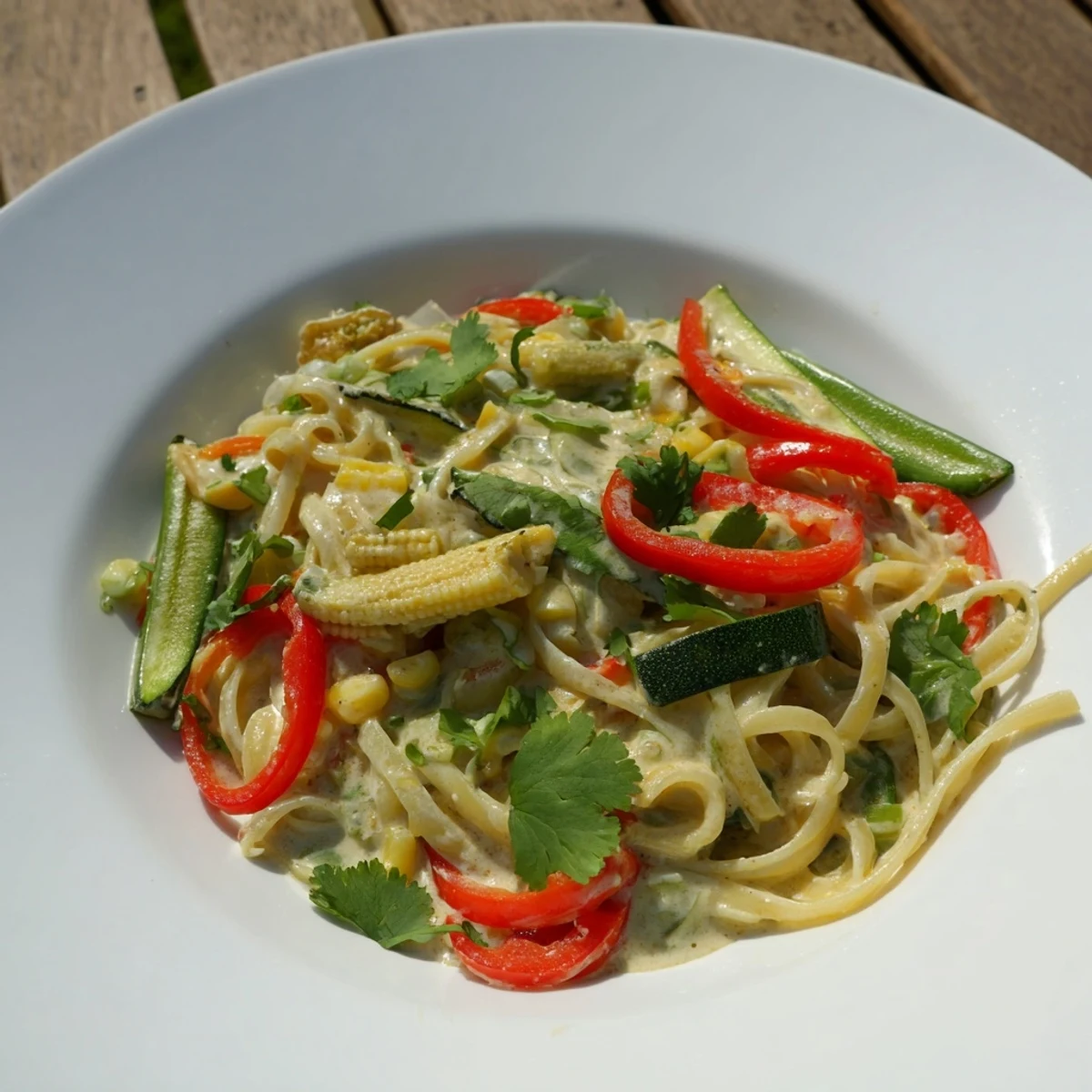 Delicious Thai Curry Pasta, brimming with colorful vegetables and a creamy coconut sauce, ready to eat.