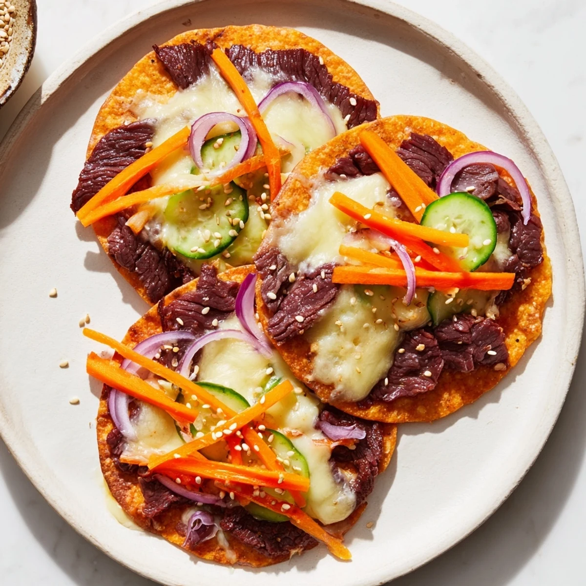 Layered Korean BBQ Nachos with melted cheese, savory beef, and fresh vegetable garnishes.