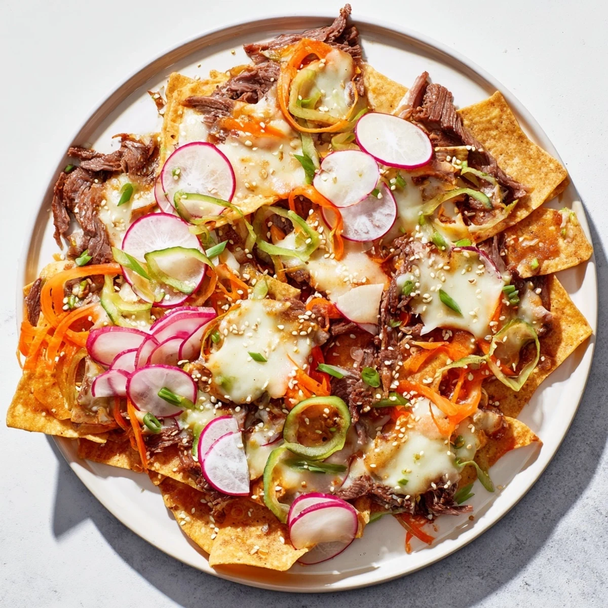 Golden, bubbly Korean BBQ Nachos piled high with gochujang-marinated beef and crunchy vegetables.